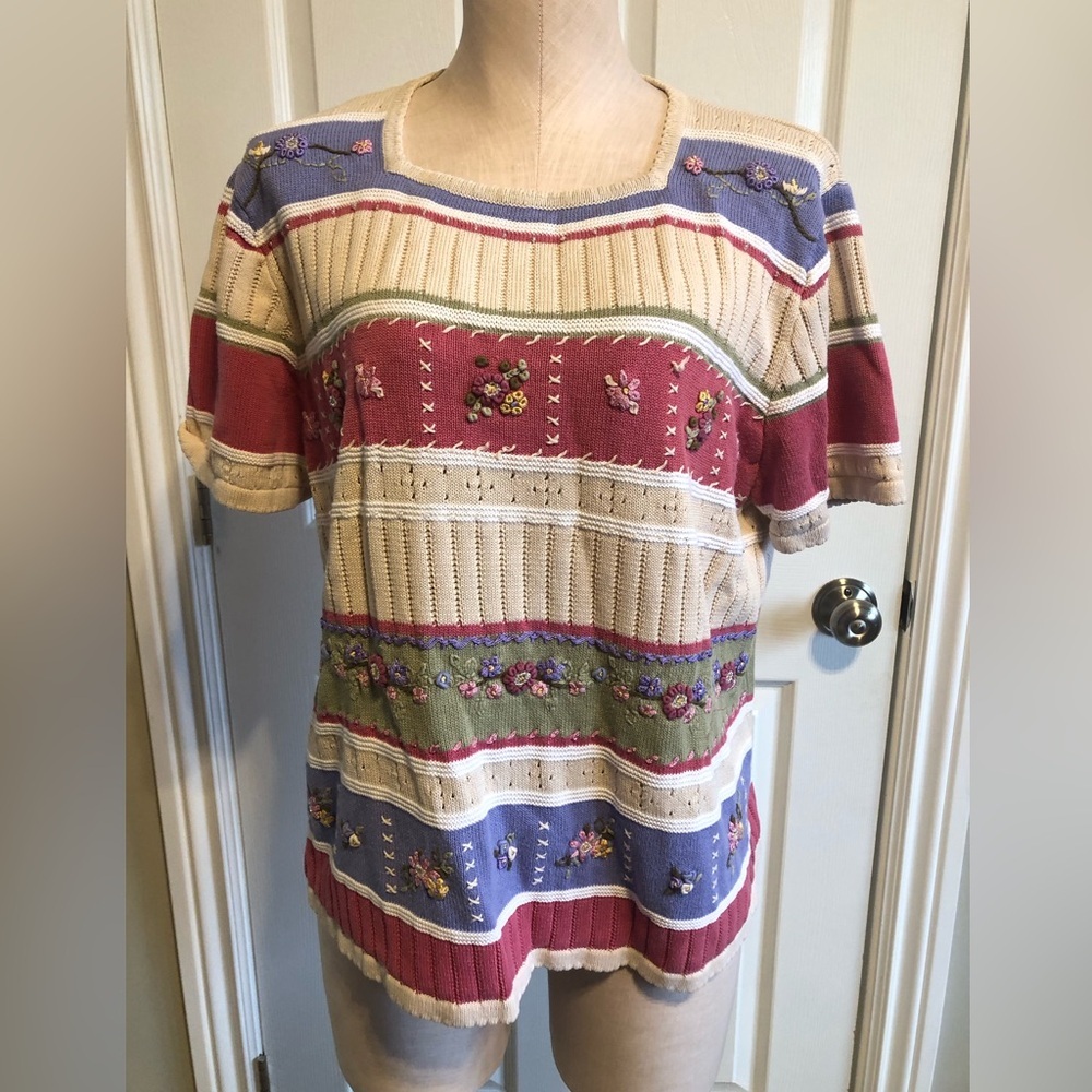 Alfred Dunner Vintage Knitted Striped Crochet Crewneck Sweater